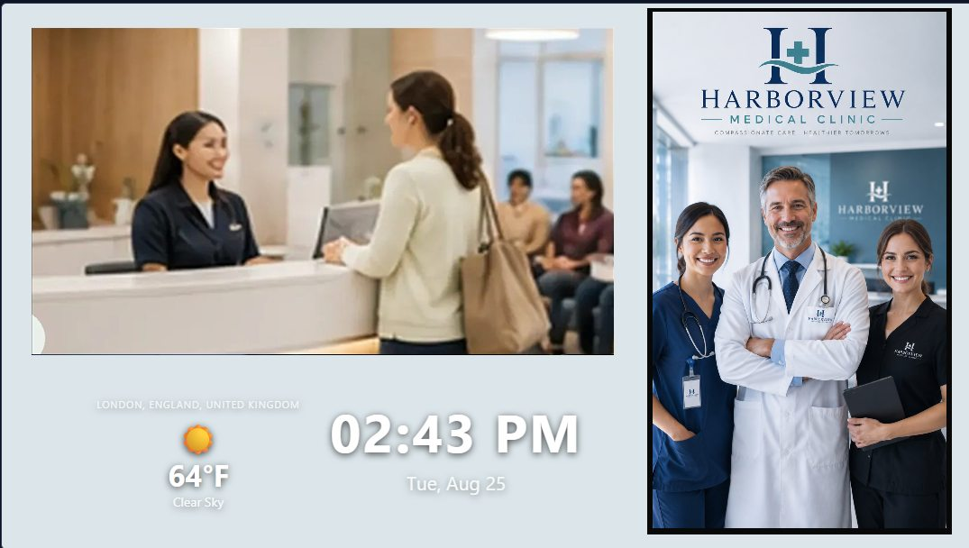 A Helm Signage zone playing a news video alongside live weather and clock widgets next to a client's own branded image